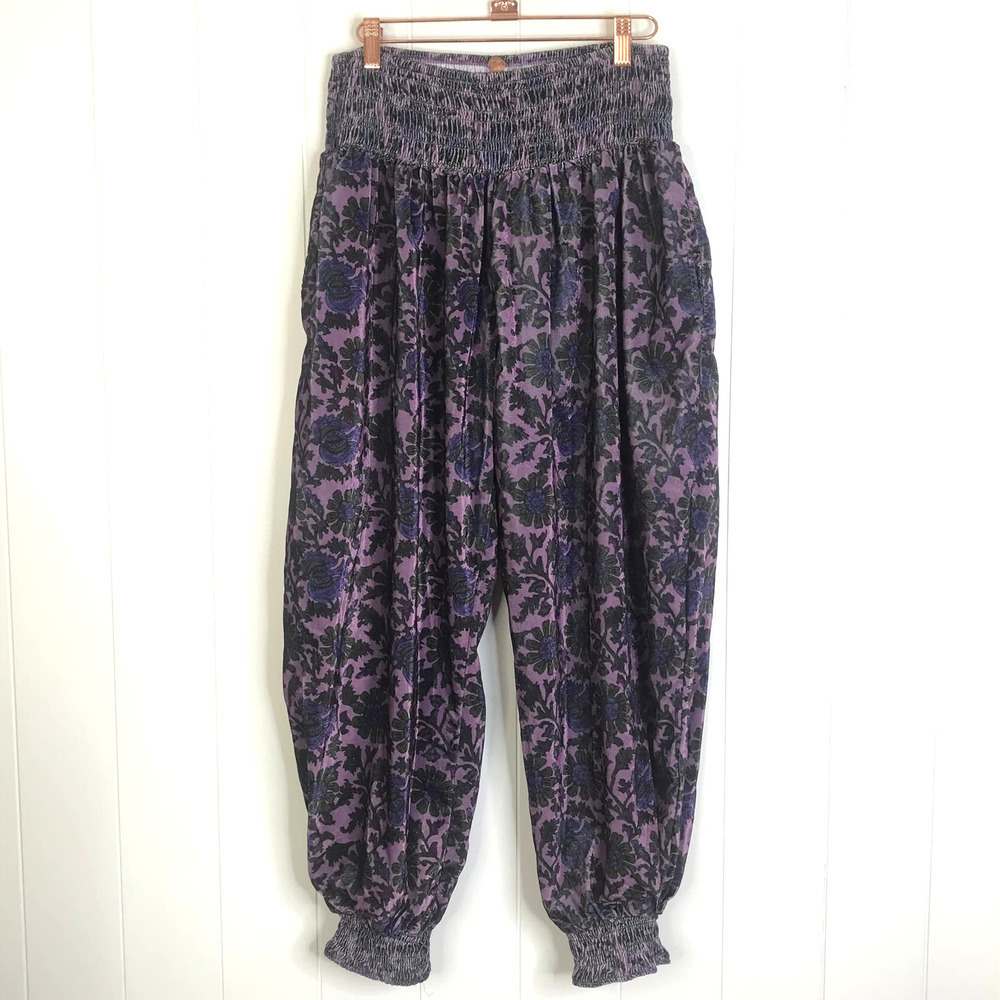 Free People One Marla Purple Floral Velvet Ruched Waist Jogger Pants SZ M - Picture 4 of 15